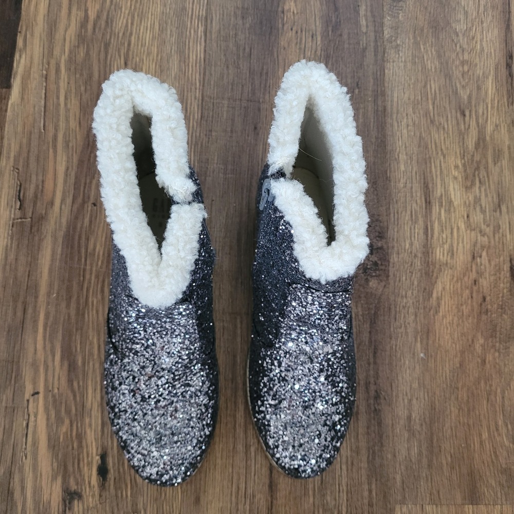 Gap Kids Girls Pewter Grey Glitter Ankle Boots Faux Shearling Fur Trim Size 3 - Picture 9 of 10